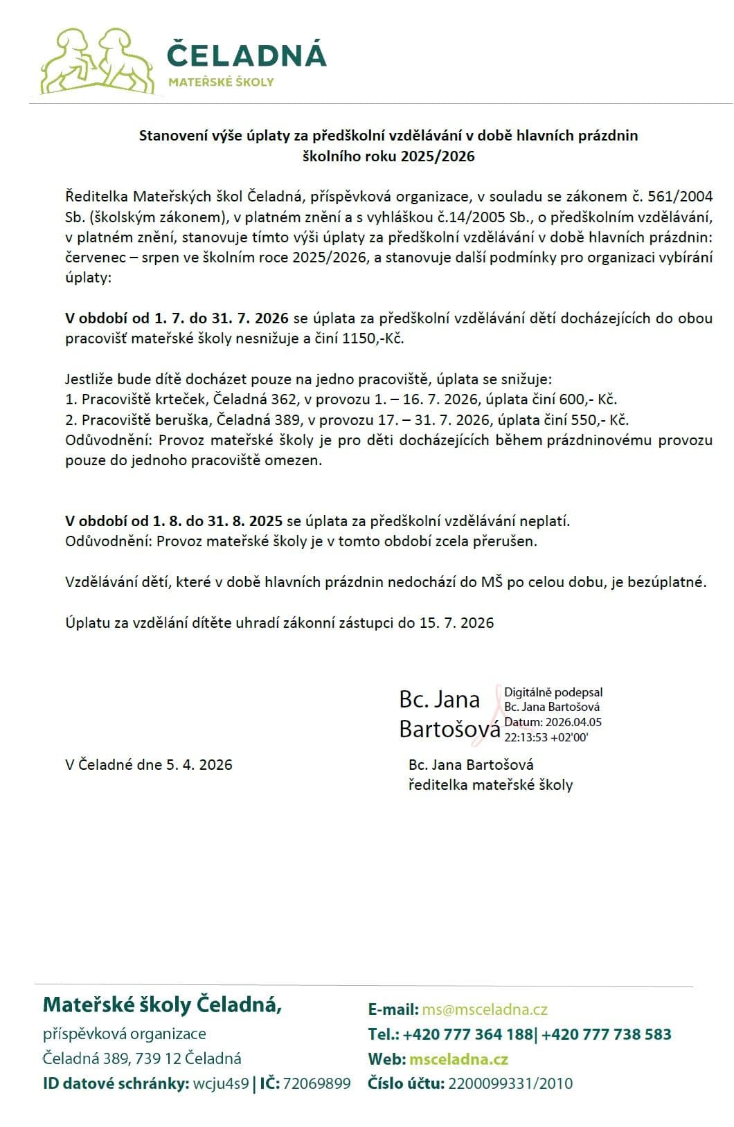 provoz MŠ v době hlavních prázdnin